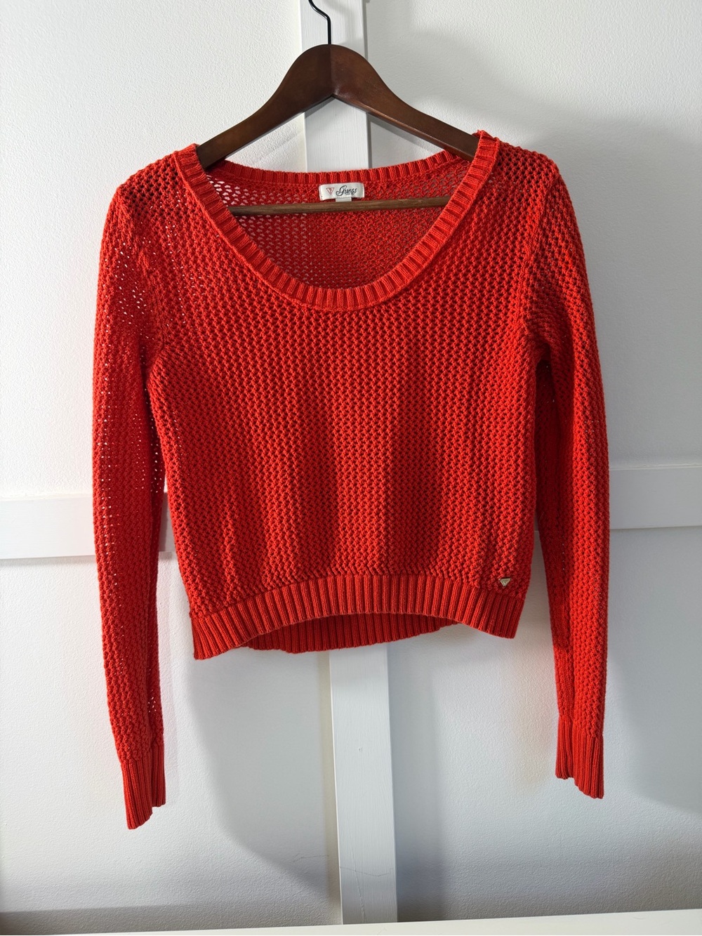 Guess Bright Dark Orange Scoop-Neck Open-Knit Sweater - Size M